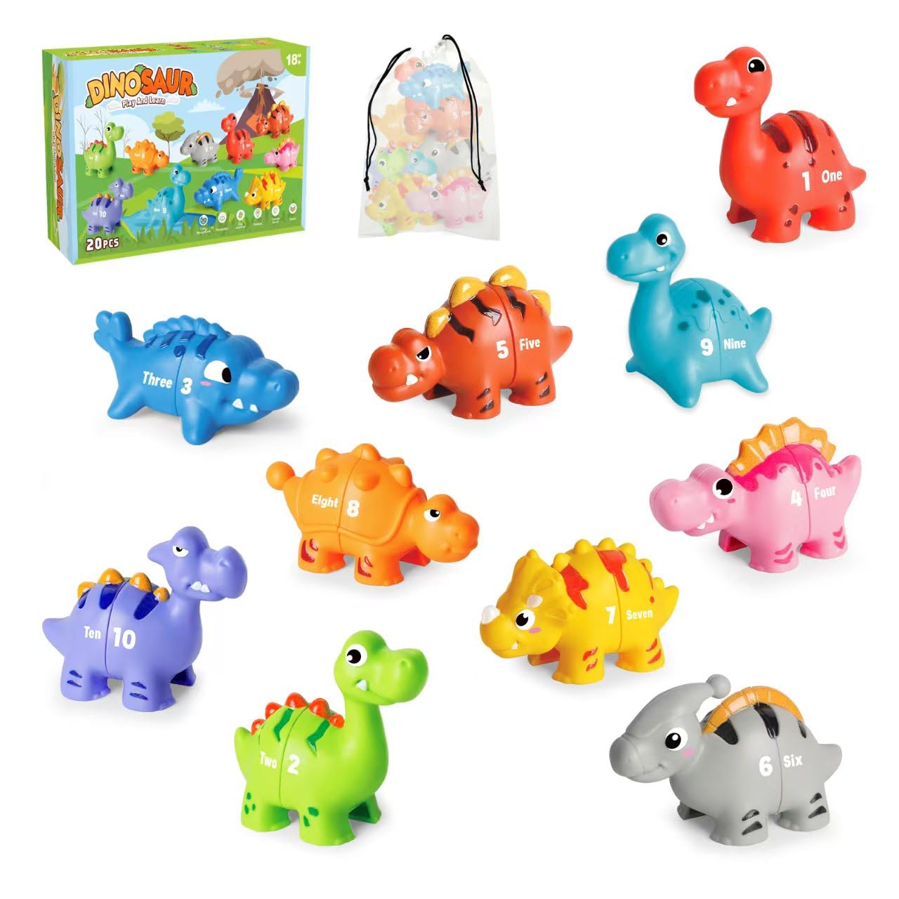 20 PCS Dinosaur Number Learning Toys for Toddlers 2-4, 10 Different Dinosaur Figures, Double Sided Number Matching Game, Preschool Activities Montessori Fine Motor Toys for Toddlers Kids