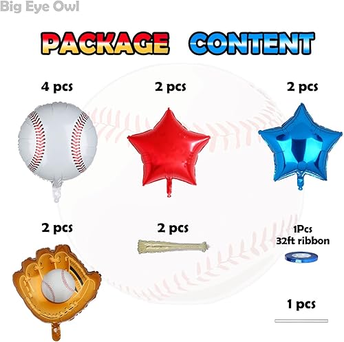 Miniatura 2 de Globos de béisbol, suministros para fiestas de cumpleaños, guantes, redondos, temática de bate de béisbol, Mylar rojo y azul blanco, globo de