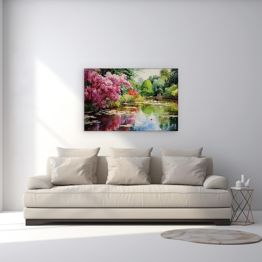 Canvas for Living room. Garden Serenity Unveiled - Lotus Ponds, Blooming Azaleas, and Tranquil Wooden Bridges, 27 x 18 inch Canvas Wall Art - Ready to Hang