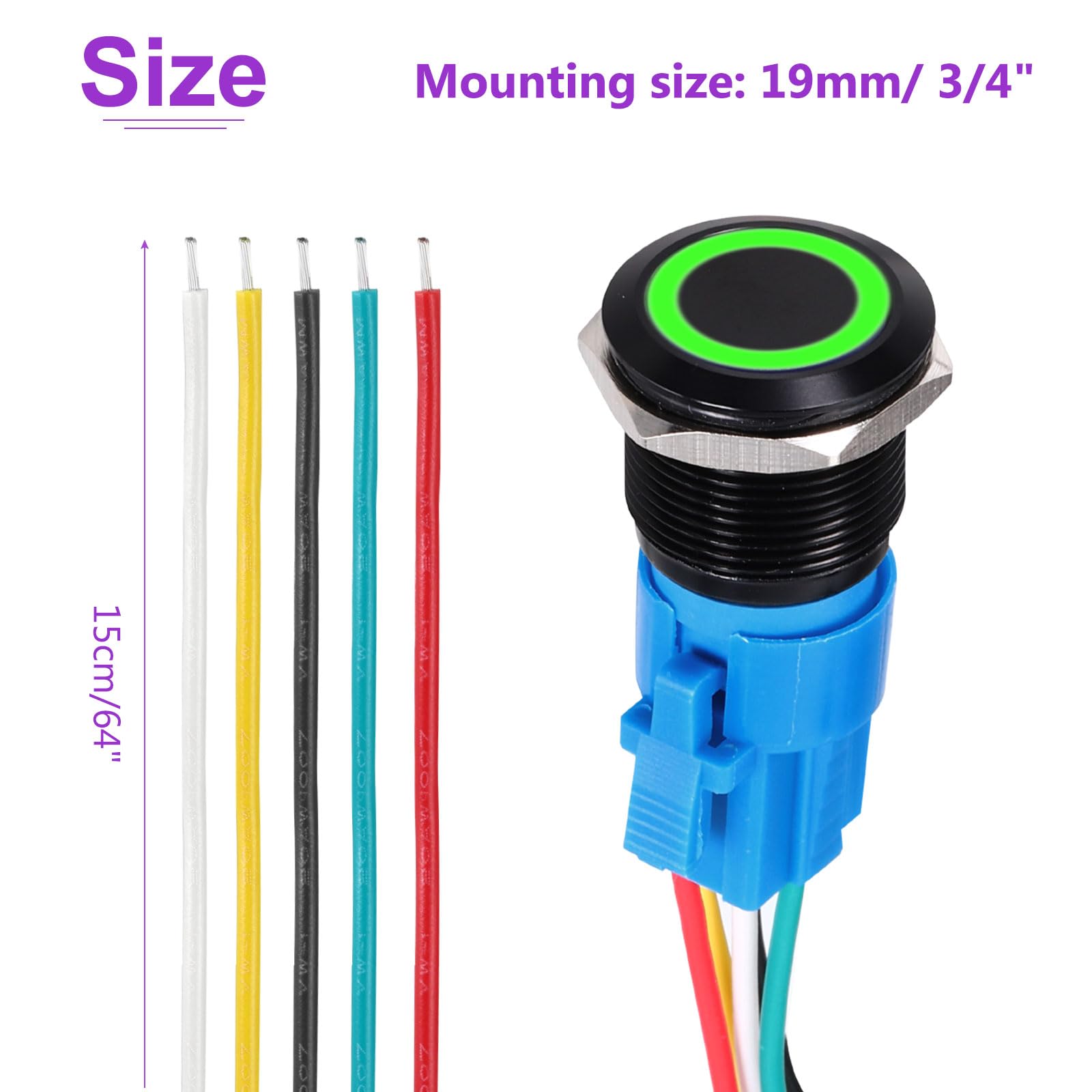DMiotech 2 Pack 19mm / 3/4" Aluminium Alloy Latching Push Button Switch Flat Head 3A 12-24V Black Shell 5 Pin with Cable Socket Green Ring LED 1NO1NC for Car Boat Systems Custom Setups - Image 4