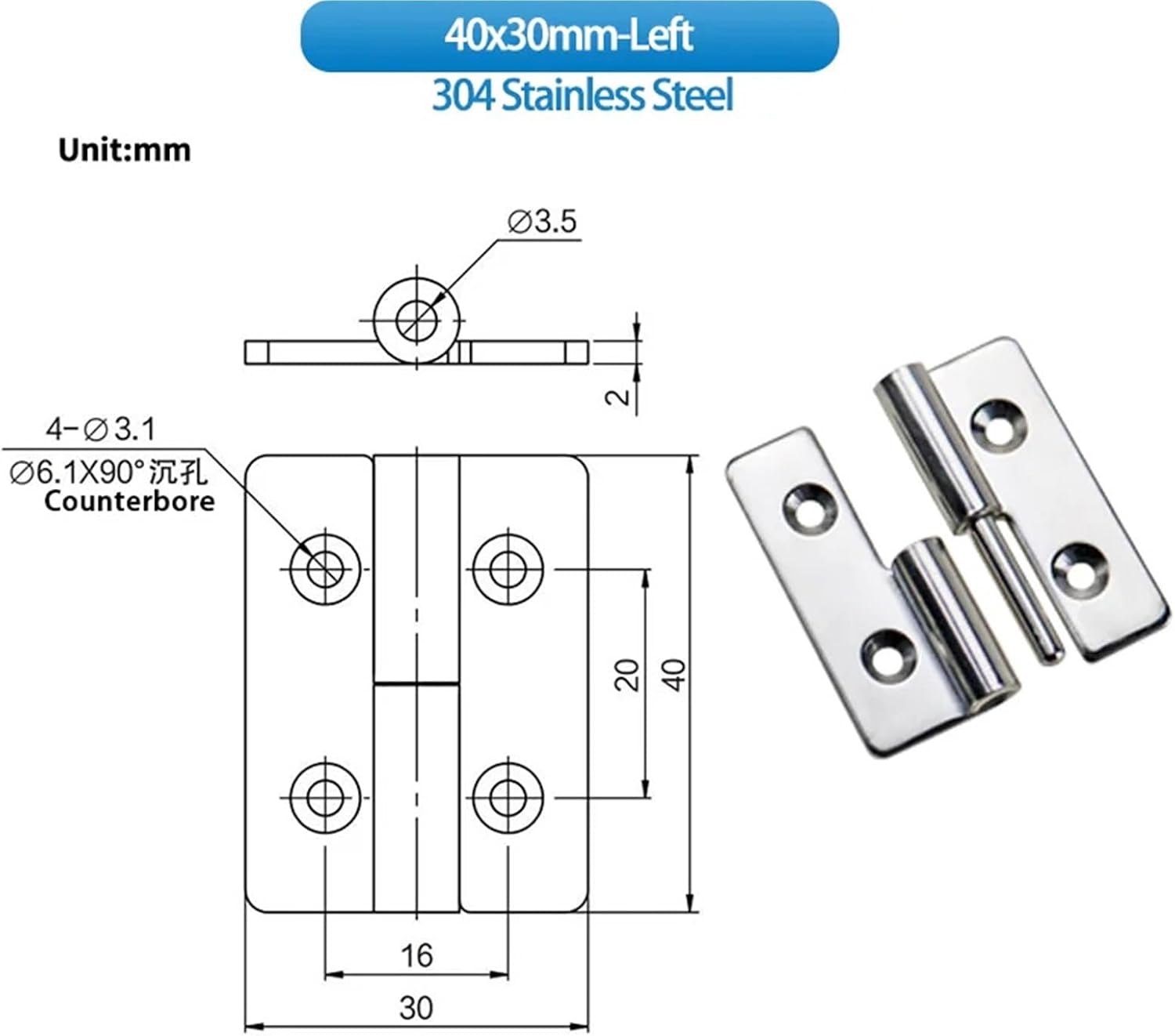 Stainless Steel Hinges for Metal Plate Boxes and Cabinet Doors with Detachable 1Pcs(40x30mm-Left)