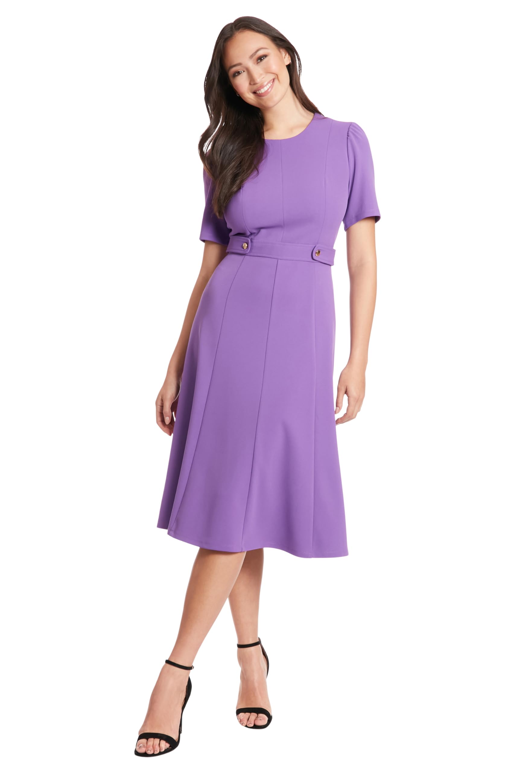 London Times Women's Knit Eyelet Short Sleeve Crepe Inset Waist Midi with Button Detail