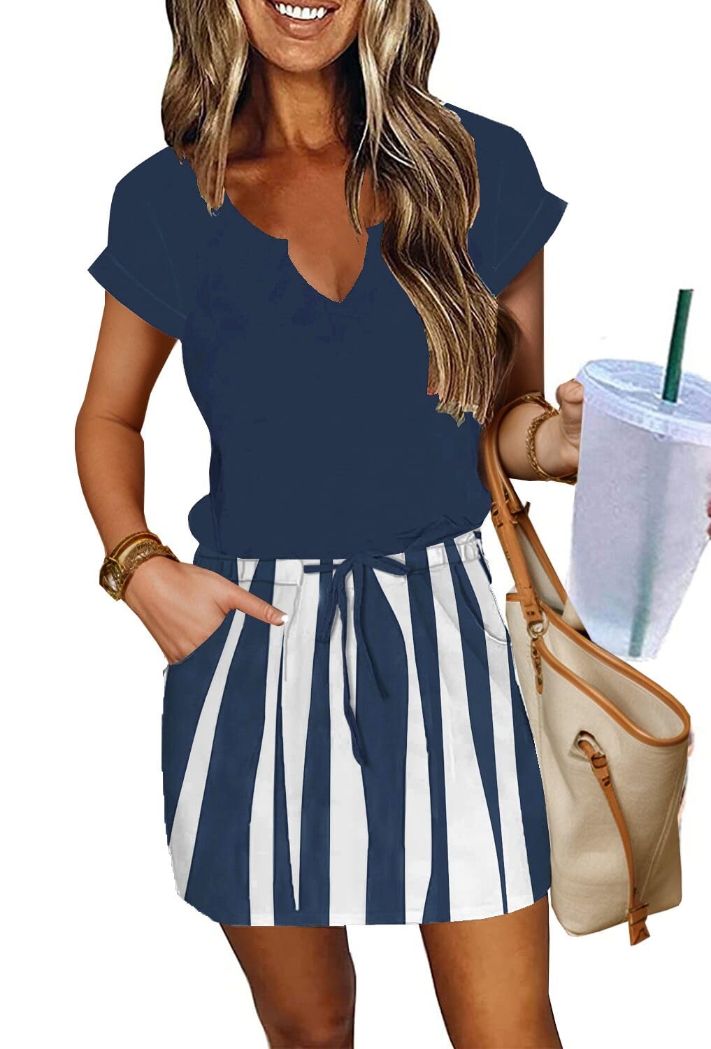 SAUKOLE Women Summer T Shirt Dress Casual Short Sleeve V Neck Dress with Pockets Drawstring Waist Short Dresses