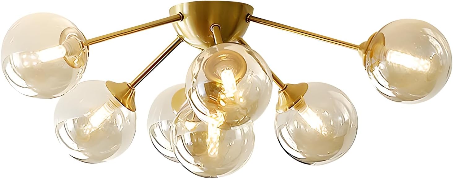 KCO Lighting 7-Lights Mid Century Modern Flush Mount Ceiling Light Overhead Amber Glass Globe Sputnik Chandelier Ceiling Light Fixture Brass Gold Bedroom Living Room Ceiling Lighting Gold+Amber-7 Light