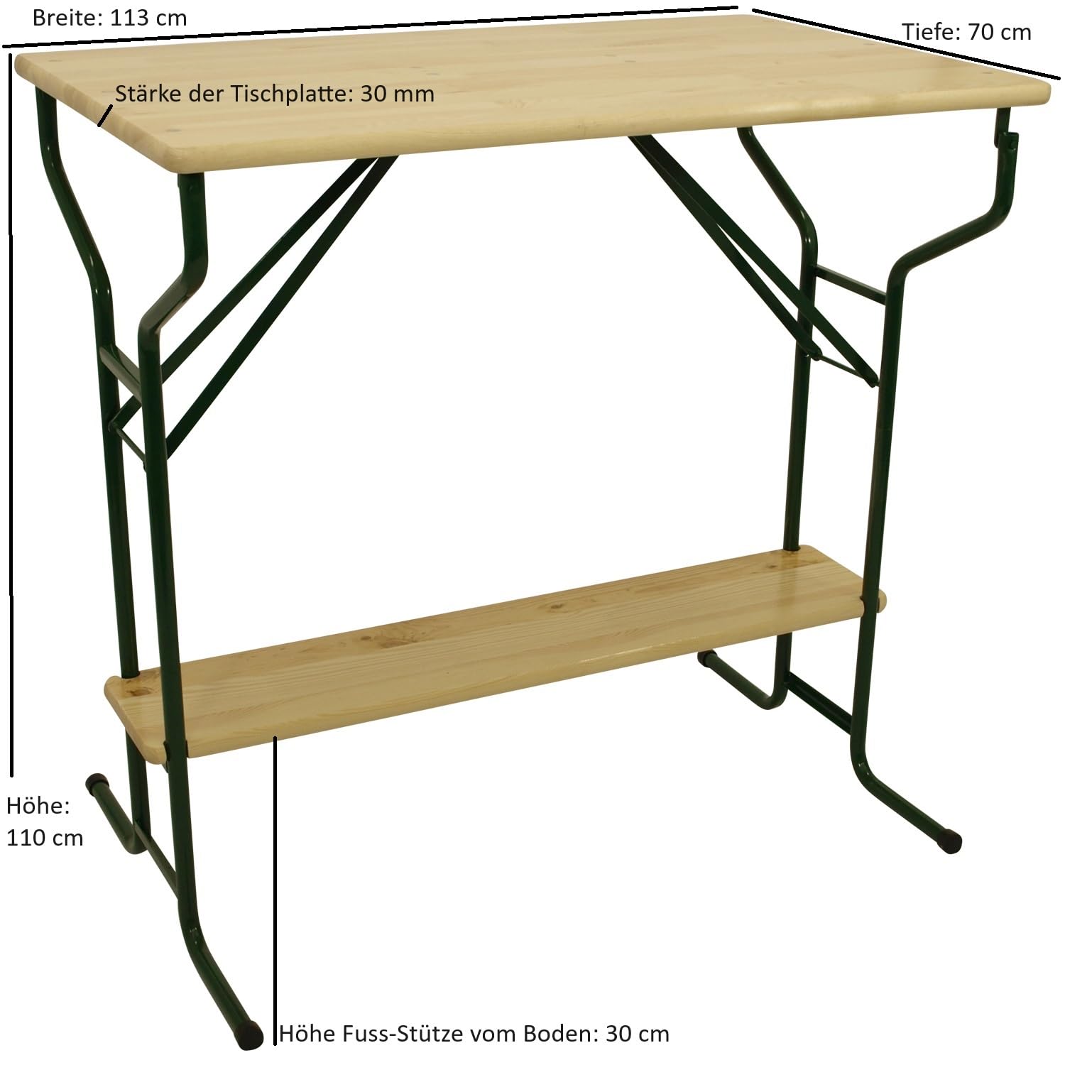 DEGAMO Stehtisch Bartisch Bamberg 70 x 113 cm, Gestell Stahlrohr dunkelgrün, Tischplatte Kiefernholz transparent beschichtet, klappbar, Höhe 110cm