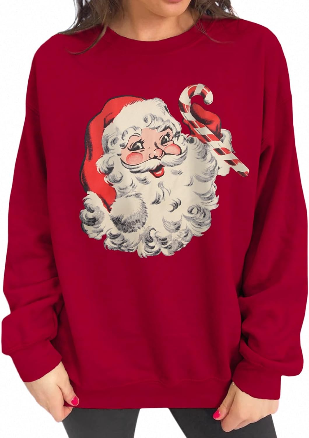 IZYJOY Women Christmas Santa Sweatshirt Retro Santa Claus Pullover Oversized Top Crewneck Long Sleeve Xmas Vacation Sweaters