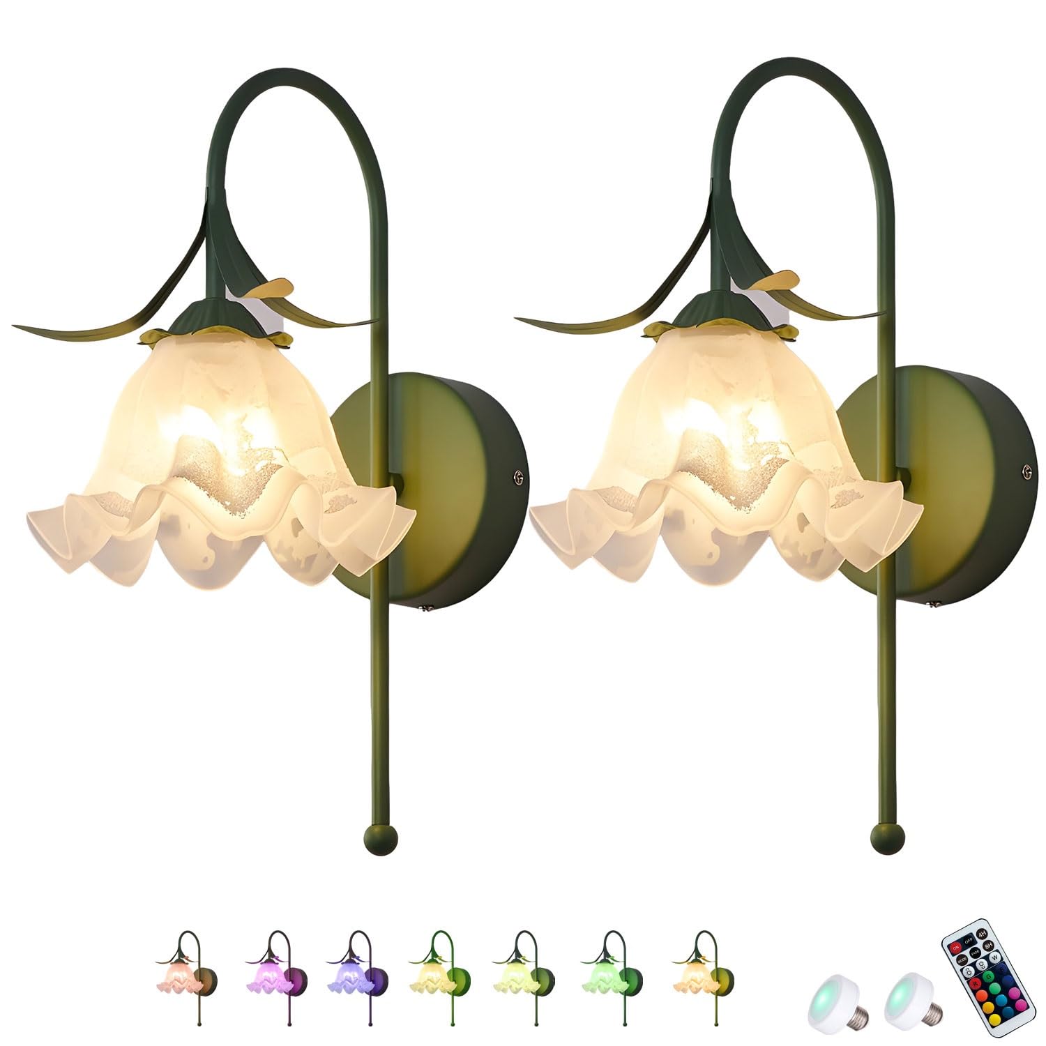 PENTWAN Battery Sconces Wall Decor Set of 2,Rechargeable Wall Scones,Modern Flower Wall Lights,Wireless Sconces with Remote,Dimmable Lighting Fixtures for Bedroom Living Room Entryway(Green,Colorful)