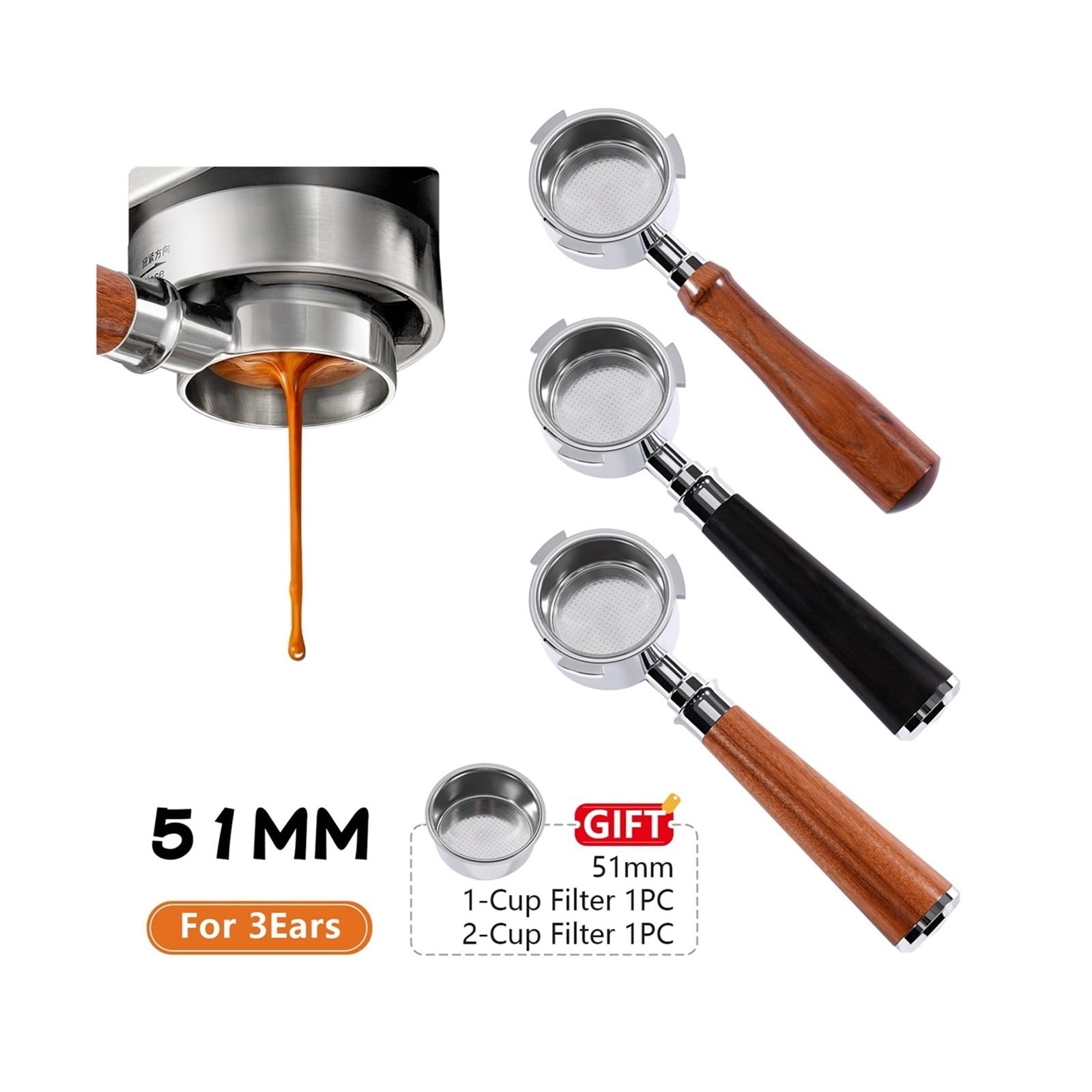 Portafiltro Senza Fondo For Caffè 51mm Naked, Compatibile Con Delonghi EC680 EC685 EC200, Cestello Filtro Accessori For Macchine Da Caffè Espresso Strumenti For Baristi(51MM 3Ear-Ebony)