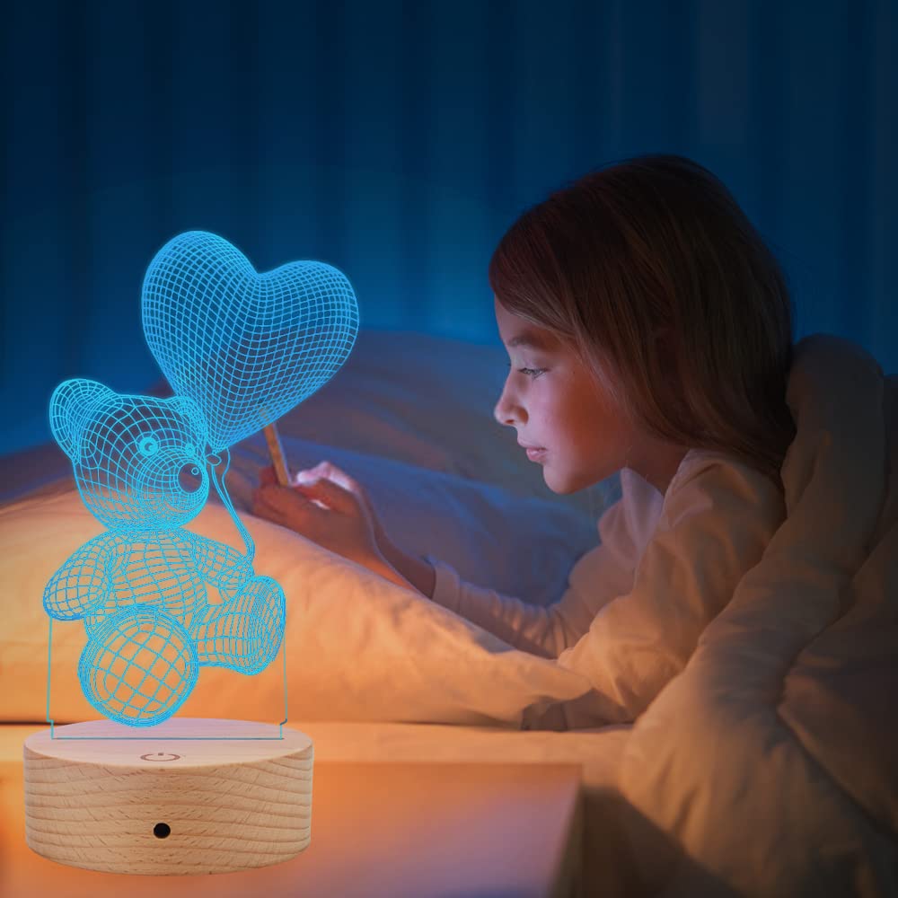 GEEKEO Lampa 3D w kształcie misia, dla kobiet, dzieci, lampka nocna, na walentynki, prezent dla kobiet, jubileusz, urodziny, zmiana kolorów, dekoracja dla mamy lub żony