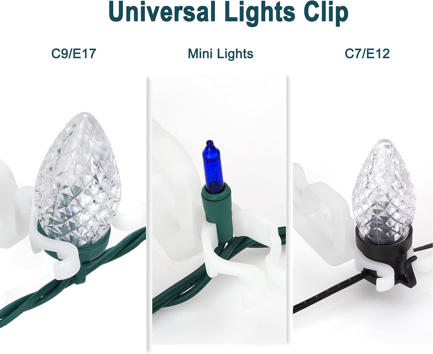 Universal Christmas Lights Shingle Clips, 200 Count All in One Gutter Clips, Shatterproof All Purpose Shingle Clips for C7/E12, C9/E17, Mini String Lights, Rope Lights, Outdoor Christmas Decorations