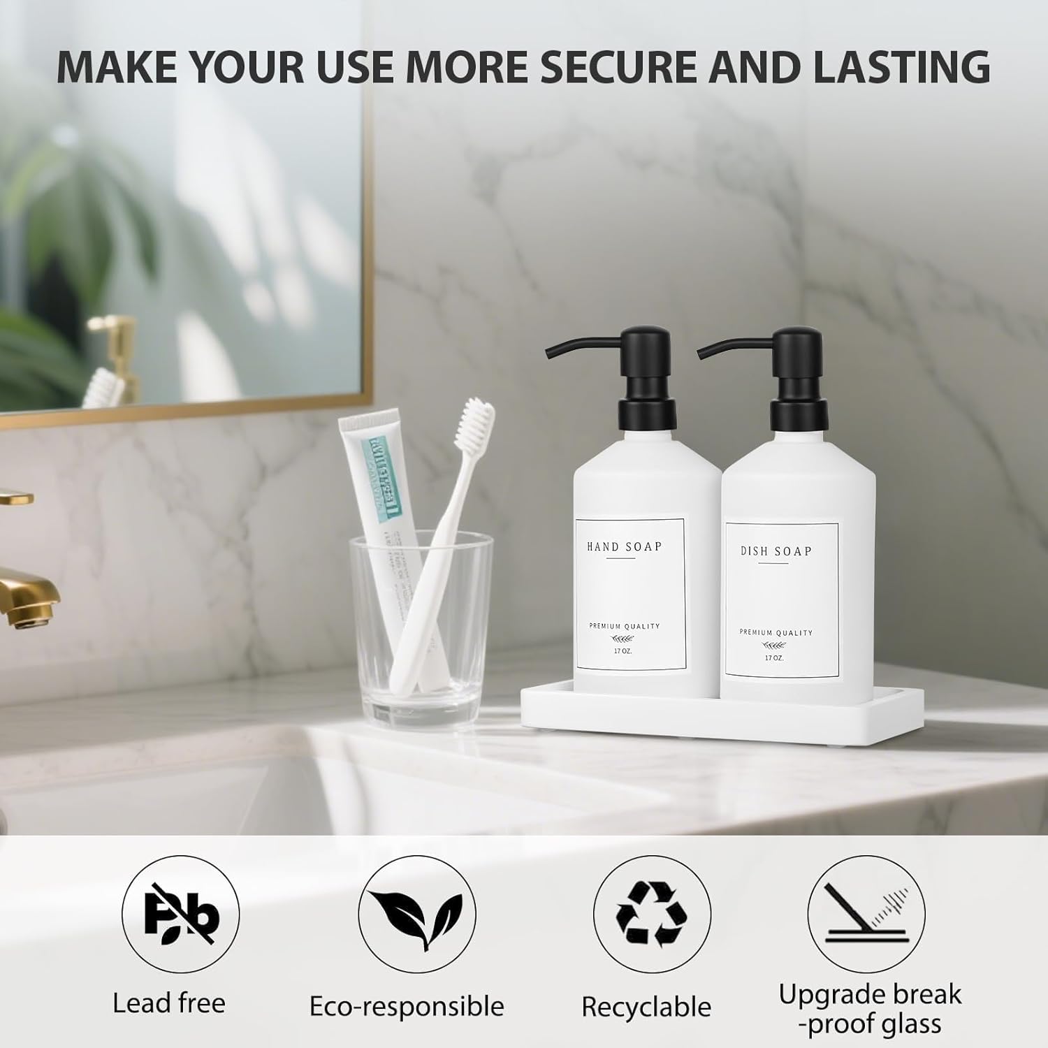 White Glass Kitchen Soap Dispenser Set, 17 OZ Hand and Dish Soap Dispenser Set with Rustproof Stainless Pump, 14 Waterproof Labels, Non-Slip Tray, Modern Bathroom Accessories(White Bottle/Black Pump) - Image 5