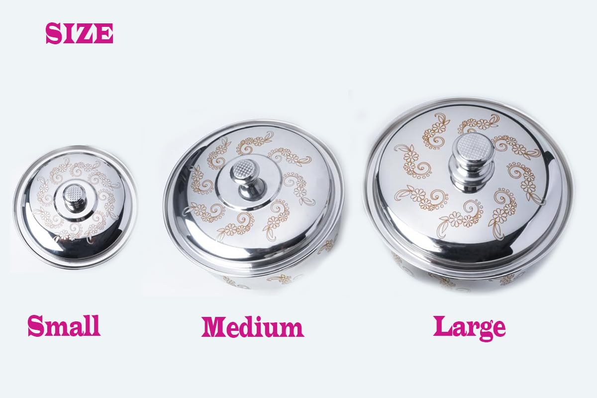 Dhanuom Stainless Steel Hot Pot Handi Set | 3 Pcs Silver Serving Dishes with Lids | Perfect for Cooking and Serving | Mirror Finish for Easy Cleaning (3 Pcs/Small/Medium/Large) 2