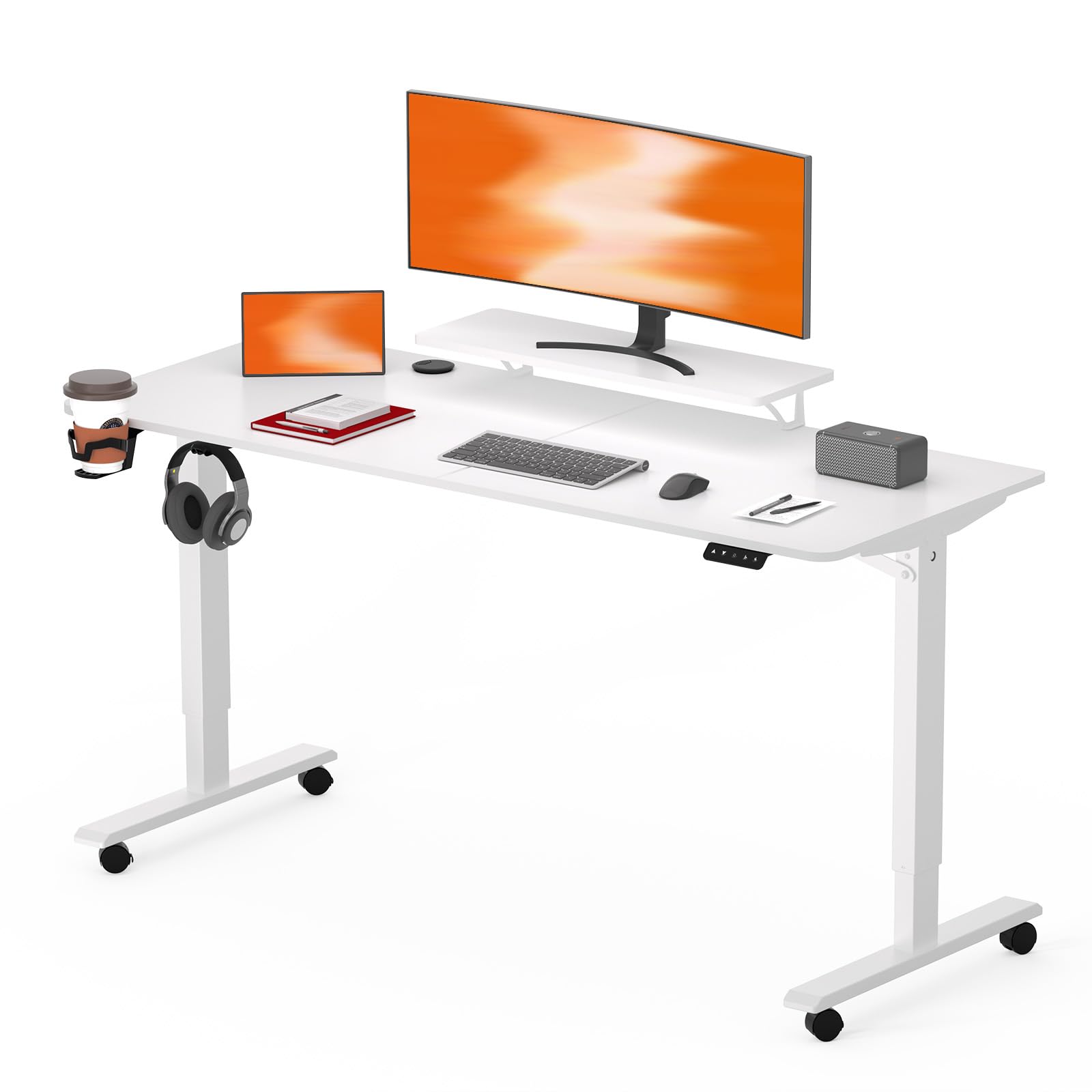 FitStand 120x60cm Electric Standing Desk Height Adjustable Standing Desk with Cup Holder and Monitor Shelves Sit Stand Desk Home Office Desk