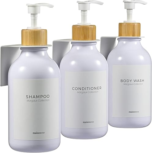 MaisoNovo Dispensador de champú y acondicionador 3 de plástico blanco 3 montaje en pared blanco Dispensador de champú con etiquetas Botellas de