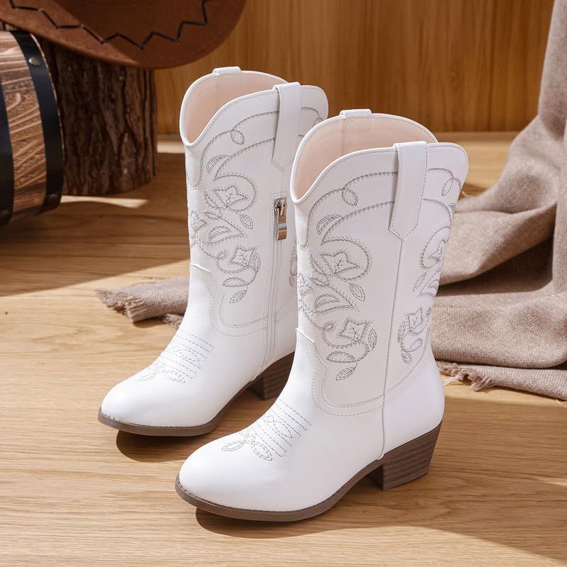 Cowgirl Boots for Girls Mid Calf Youth Girl Cowboy Western Boots Pointed Toe Embroidered for Horse Riding Country Party Toddler Little Big Kids - Image 3