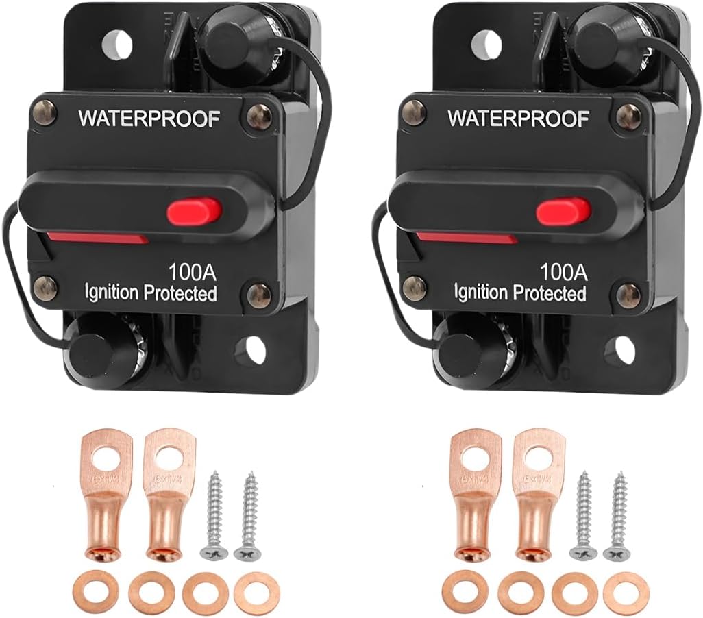 2PCS Car Circuit Breaker, 100A Waterproof Circuit Breakers for Trolling Motor Car Audio Radio Solar System, Inline Fuse with Manual Reset Switch, Universal for ATV Trailer Truck