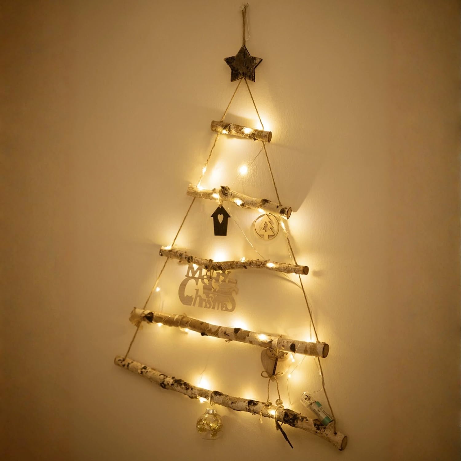 Marco Paul Wooden Ladder Christmas Tree – 78 cm Wall-Hanging LED Light Decoration – Space-Saving Birch Branch Tree with Fairy Lights – Scandinavian Festive Wall Ornament