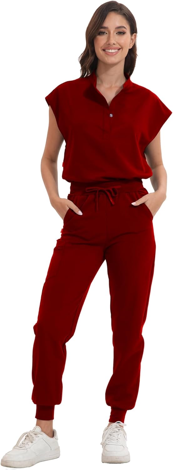 Scrub for Women Set - Stretch Scrub Top & Jogger Pants Mandarin Collar Anti-Wrinkle Scrub Suit Medical Uniform