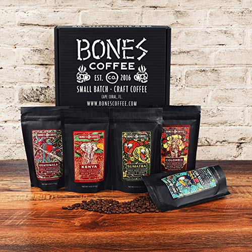 Bones Coffee World Tour Sample Pack, Ground Coffee Beans Sampler Gift Box Set, Pack of 5 Assorted Single-Origin Coffee Grounds (Ground)