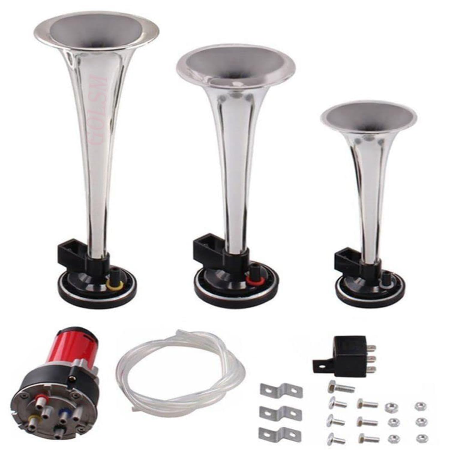 GOLSM Bike Universal GO-HN01 Air Pressure 3 Pipe Horn With 12 Volt Air Compressor Chrome For Royal Enfield Thunderbird 350 Model 2-image-13