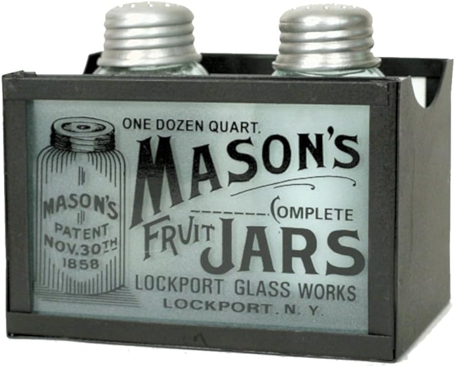 Mason's Jars Salt and Pepper Shakers with Caddy in Rustic Brown by Colonial Tin