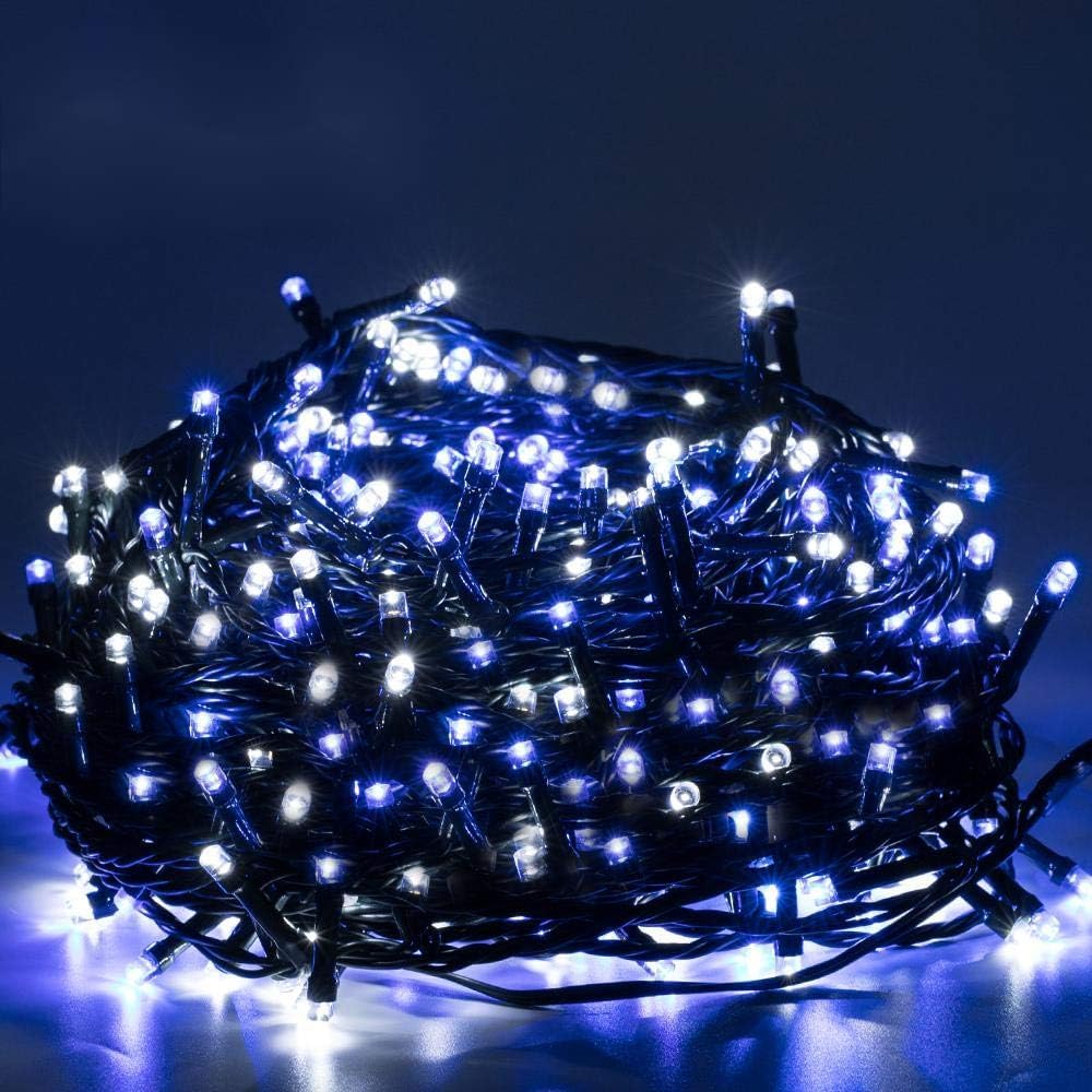 Quntis Luces Navidad Exterior Pilas, 40M 300 LED Guirnalda Luces Exterior Pilas con Temporizador 8 Modos, IP44 Impermeable Luces Arbol Navidad para Interior Exterior Bodas Fiesta, Azul Blanco