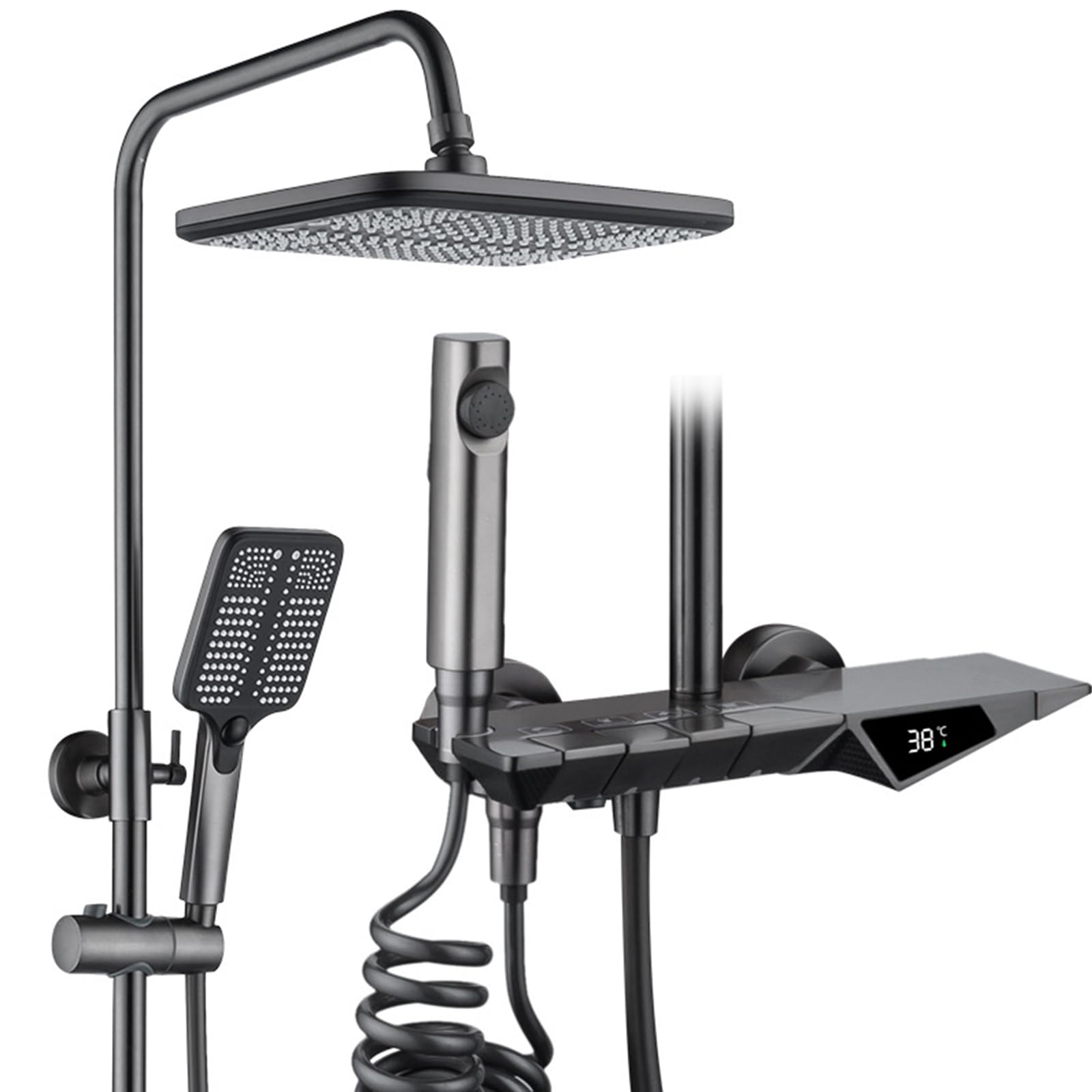Set di rubinetti con Display Digitale per Sistema Doccia Grigio, Montaggio a Parete con beccuccio per Vasca, soffione a Pioggia, doccetta, Bidet