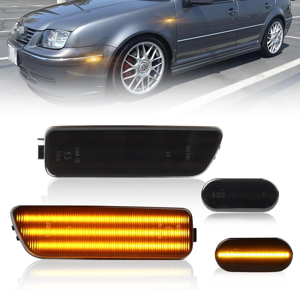 LED Side Marker Turn Signal Lights for VW G-olf Jetta MK4 1995-2005, MK4 GTI R32 2000-2003, Smoked Lens Amber Led Front Bumper & Fender Side Marker Lamps, Replace OEM Sidemarker Lamps, 4PCS