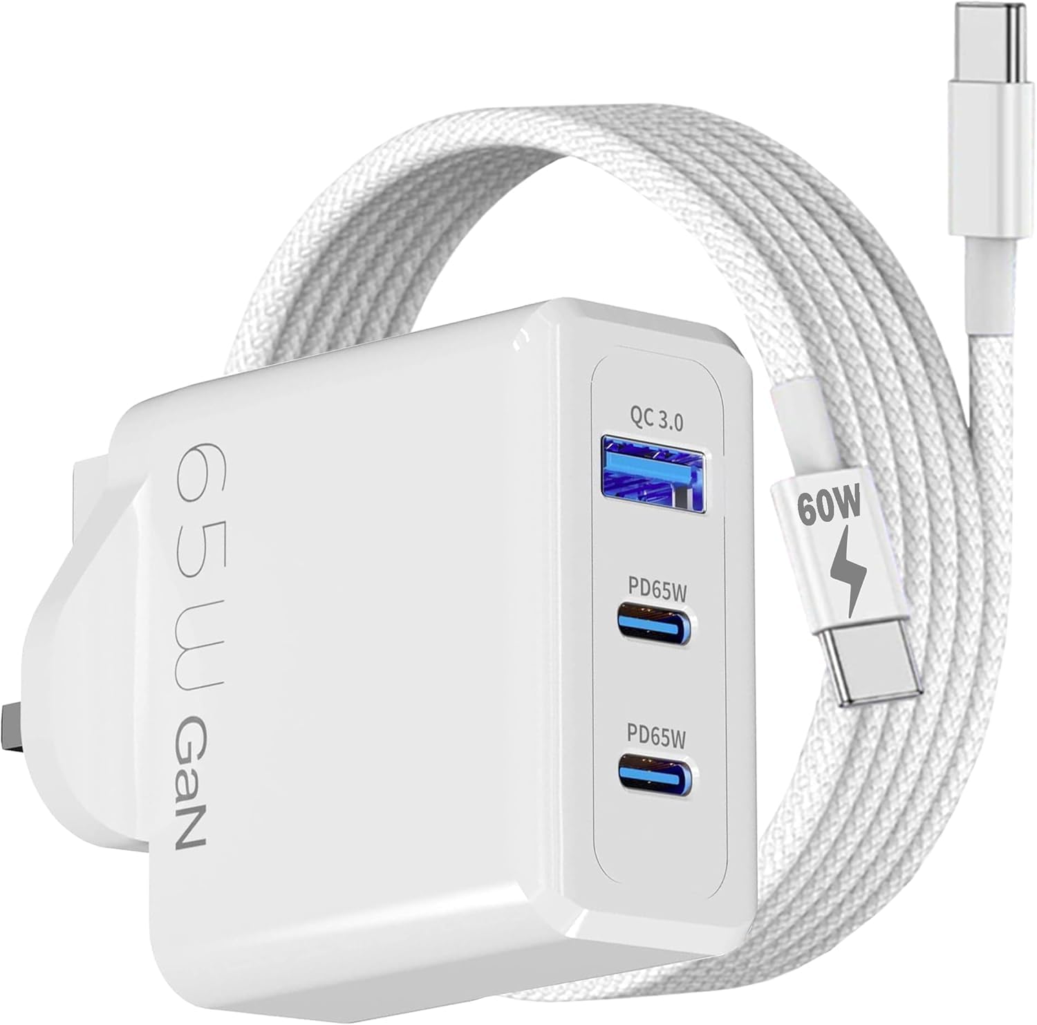 65W Charger for Honor Magic V5-V3-V2 / 7,6,5 Pro Lite/MagicPad 2 / Pad V9 / MagicBook X 16 GaN Supercharge Power Adapter with USB-A + USB-C Ports & Fast Charging 60W C to C Cable WHITE