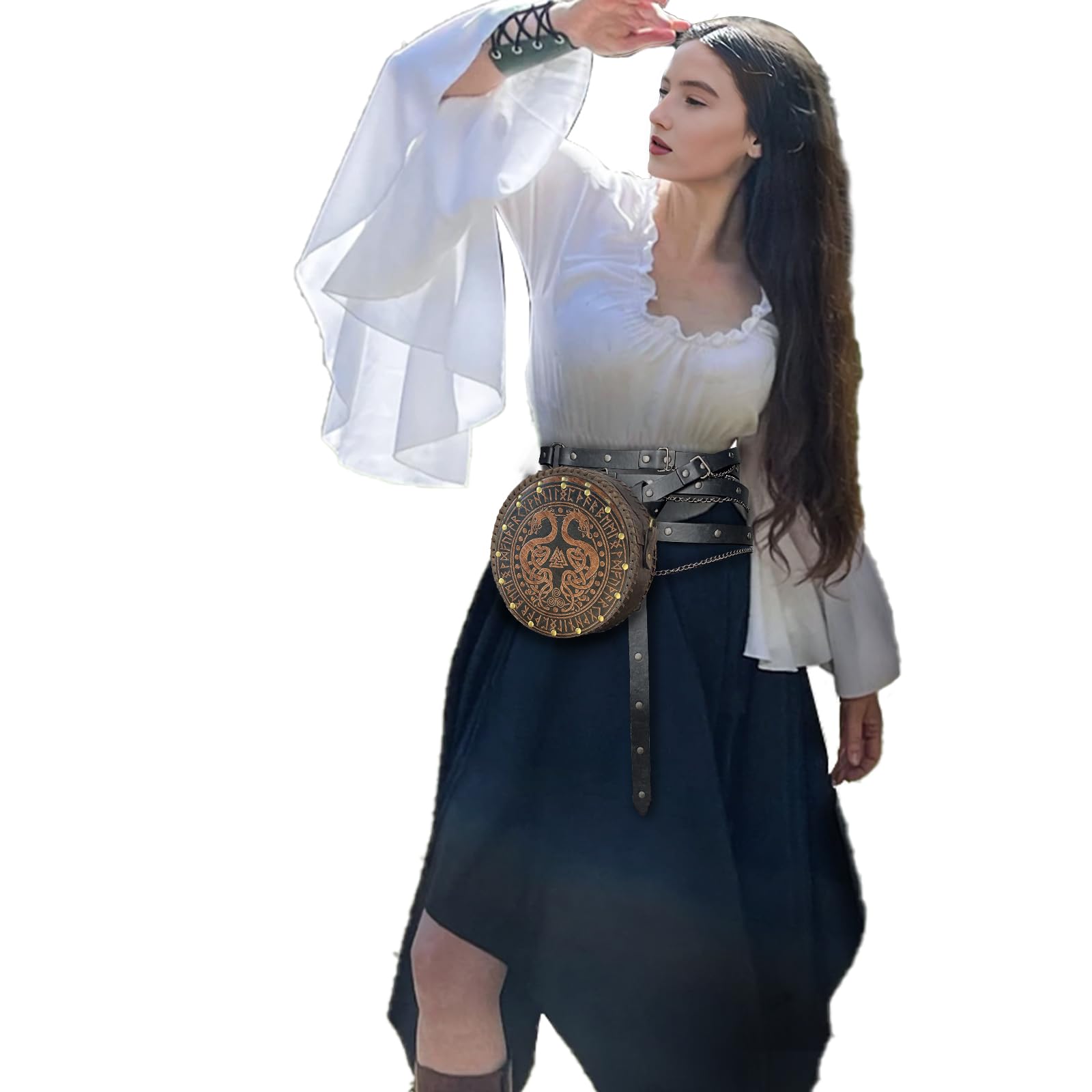 HiiFeuer Sac à bandoulière gaufré Viking, Nordique Sac à ceinture en faux cuir Sacoche, Sac à bandoulière portable pour cosplay médiéval (Marron A)