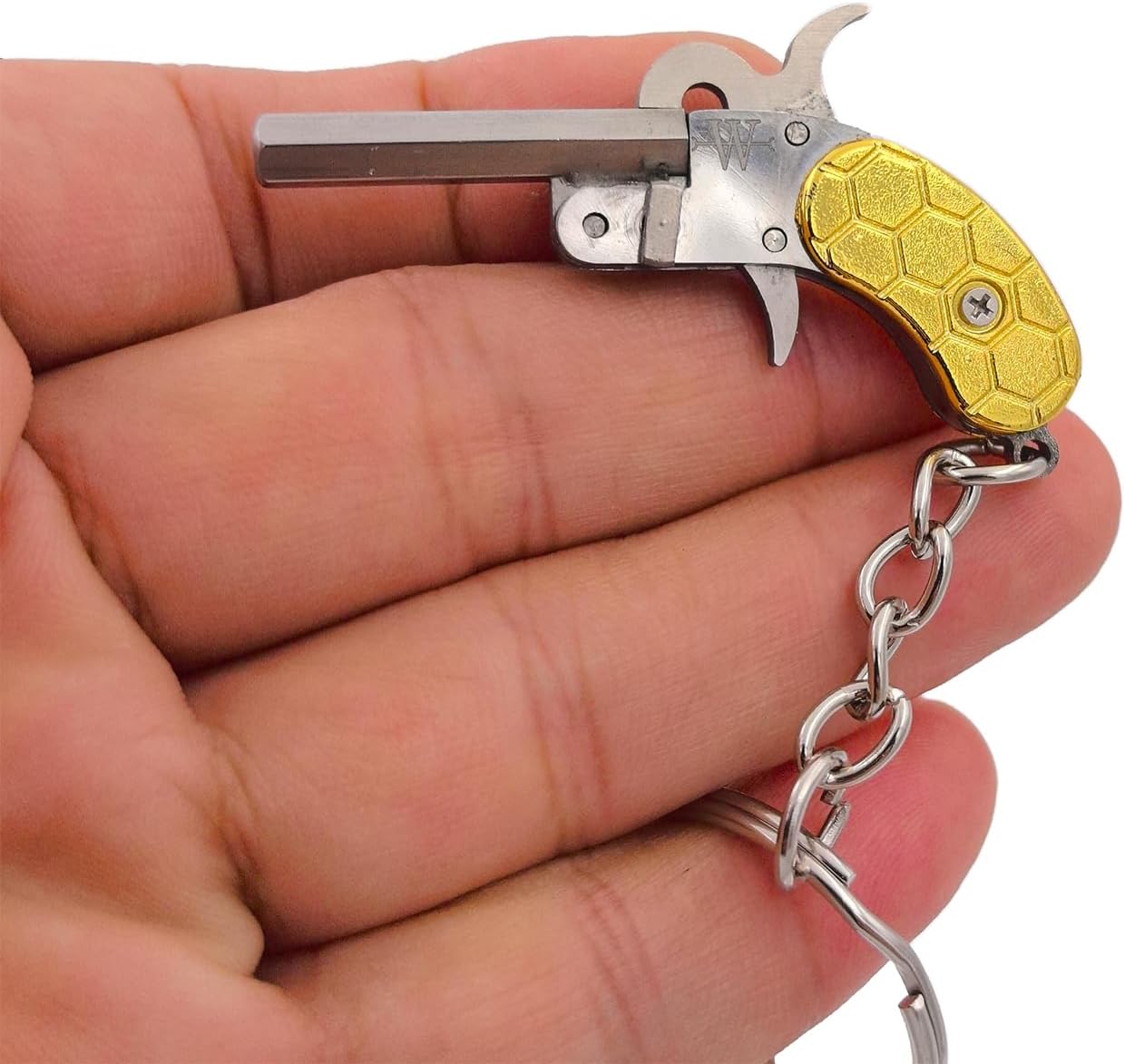Miniature Stainless Steel 2mm Pinfire Gun Keychain, Handmade Gold Pattern Handle