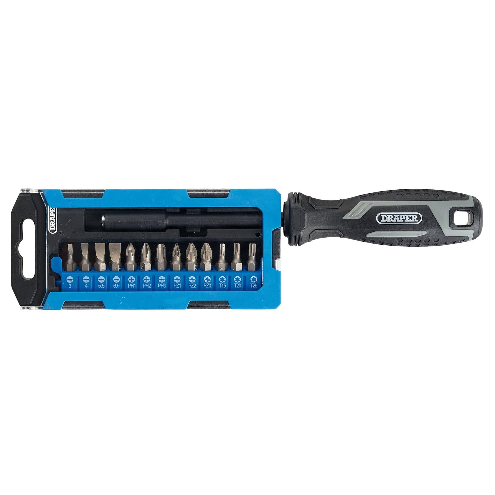 Draper 14pc Soft Grip Magnetic Screwdriver and Bit Set, 1/4" x 100mm - 13438 - Magnetic Tips, CRV Blades, Grey and Black - Image 2