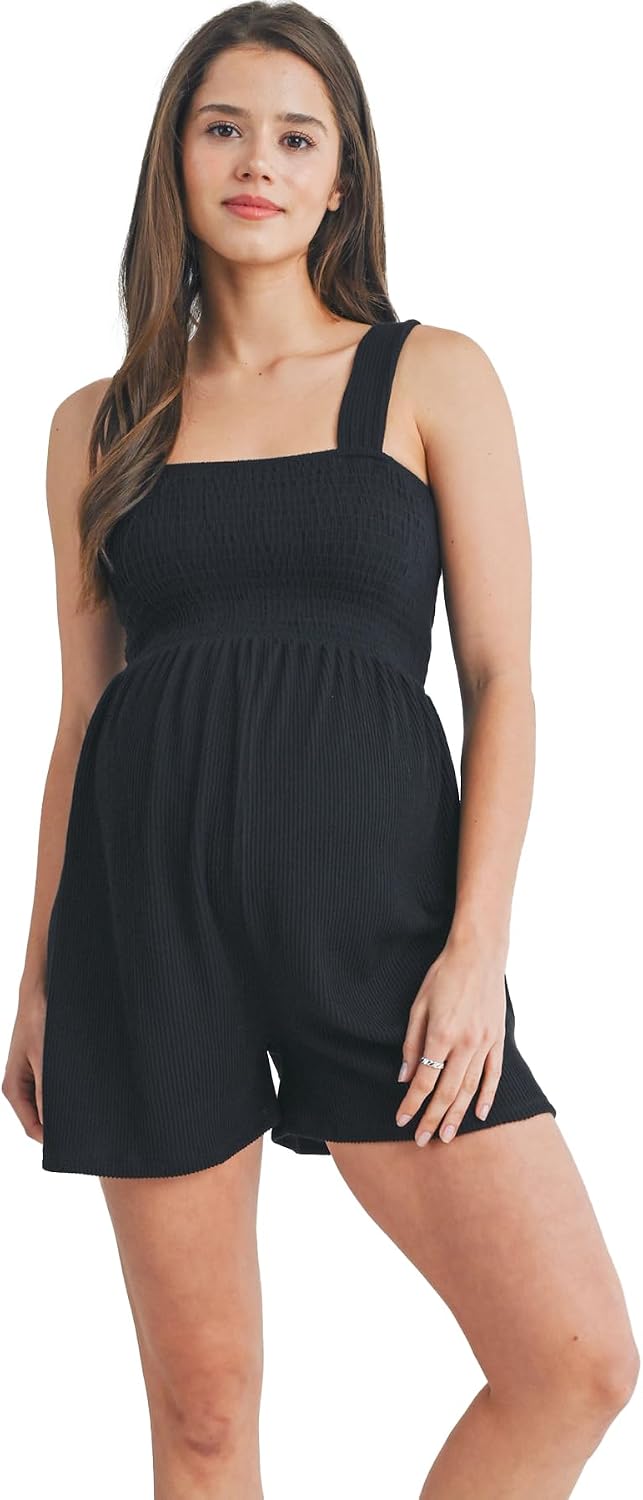 LaClef Womens Maternity Sleeveless Smocked Square Neck High Waist Romper Jumpsuit