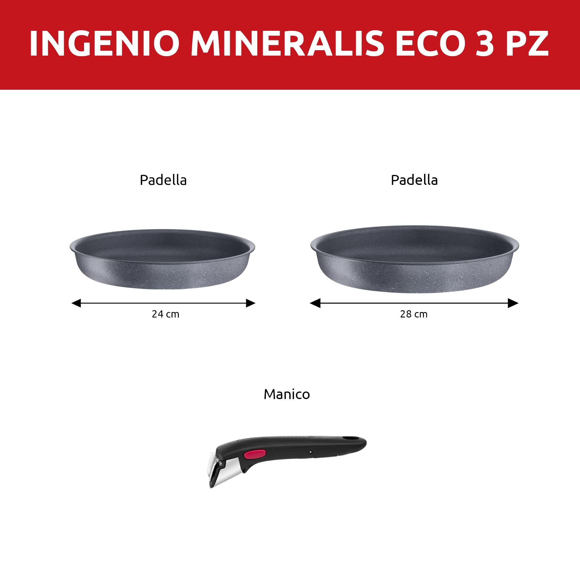 Lagostina Ingenio Mineralis Eco Set Padelle Antiaderenti in Alluminio 100% Riciclato & Ingenio Induction Coperchio in Vetro e Silicone, Nero e Trasparente, 28 cm