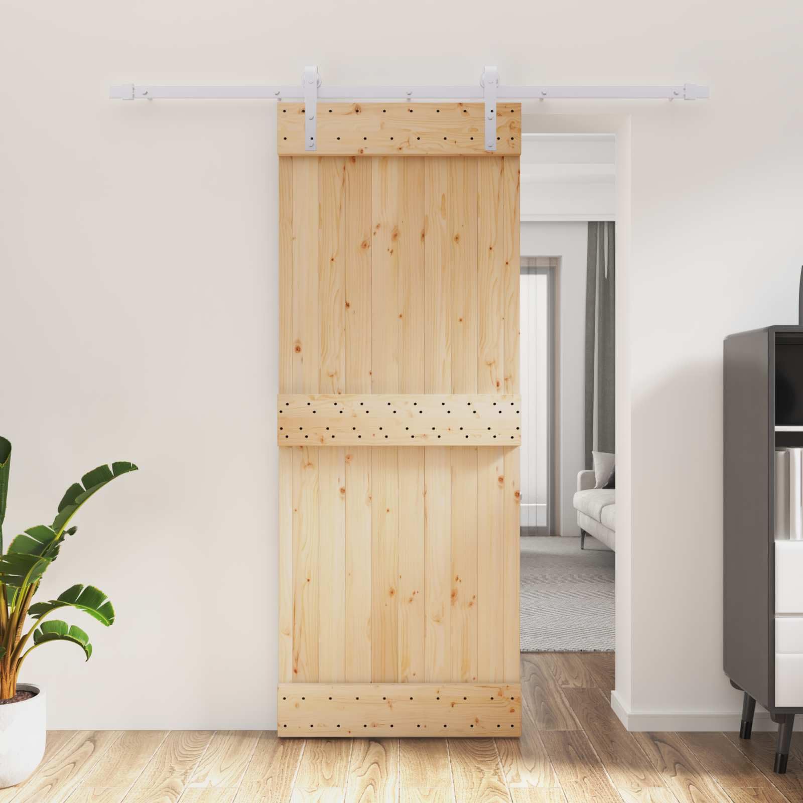 Porte coulissante en pin massif blanc naturel - 80 x 210 cm - Porte intérieure - Porte de chambre avec rail en acier revêtu par pulvérisation - Peu encombrant - Pour appartement et salle de