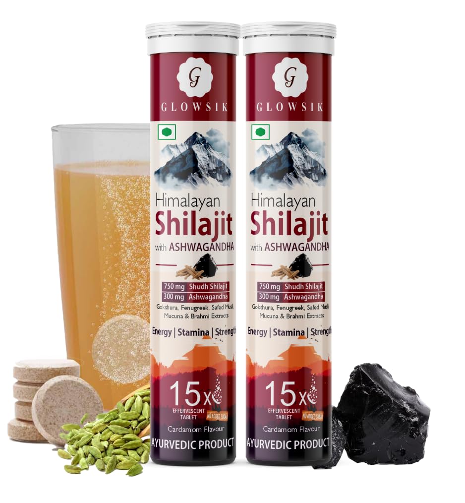 GLOWSIK Himalayan Shilajit Original (750mg) 30 Effervescent Tablets, With Ashwagandha, Gokshura & Safed Musli for Strength, Performance & Muscle Recovery, Cardamom Flavour | Ayush Approved | Pack of 2