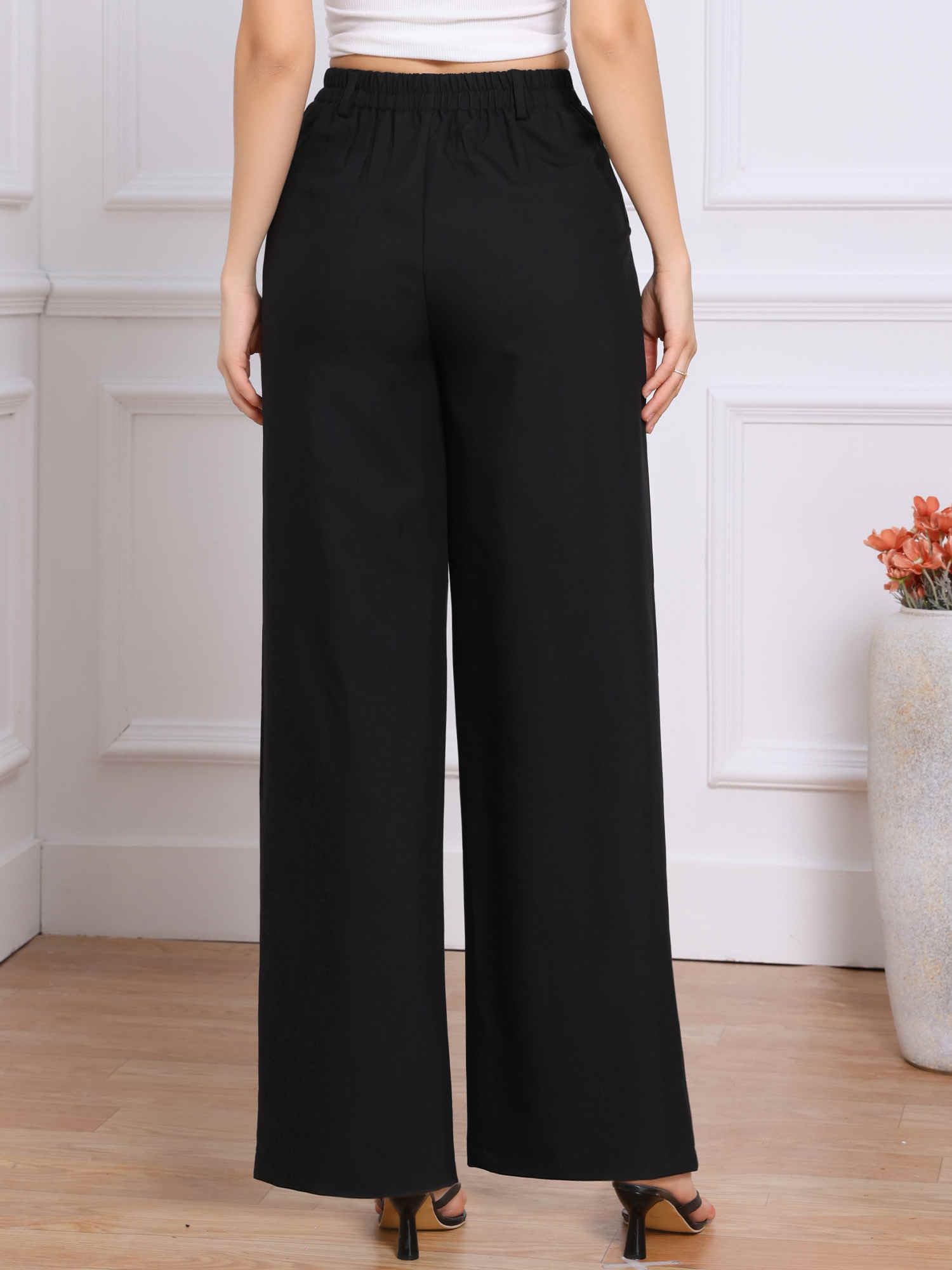 Allegra K Pantalones de pierna ancha para mujer, cintura alta elástica, pantalones de trabajo de oficina, pantalones casuales de negocios