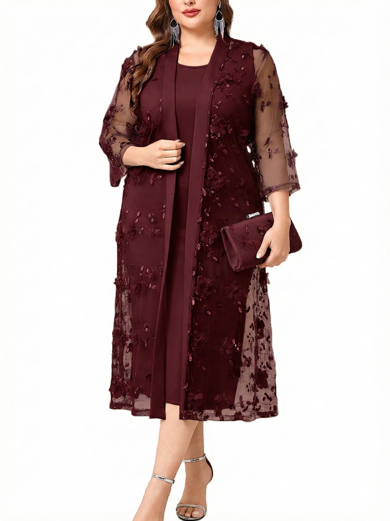 Plus Size Mother of The Bride Formal 2 Piece Dress Set with 3D Floral Mesh Jacket Dressy Suit Outfits Guest