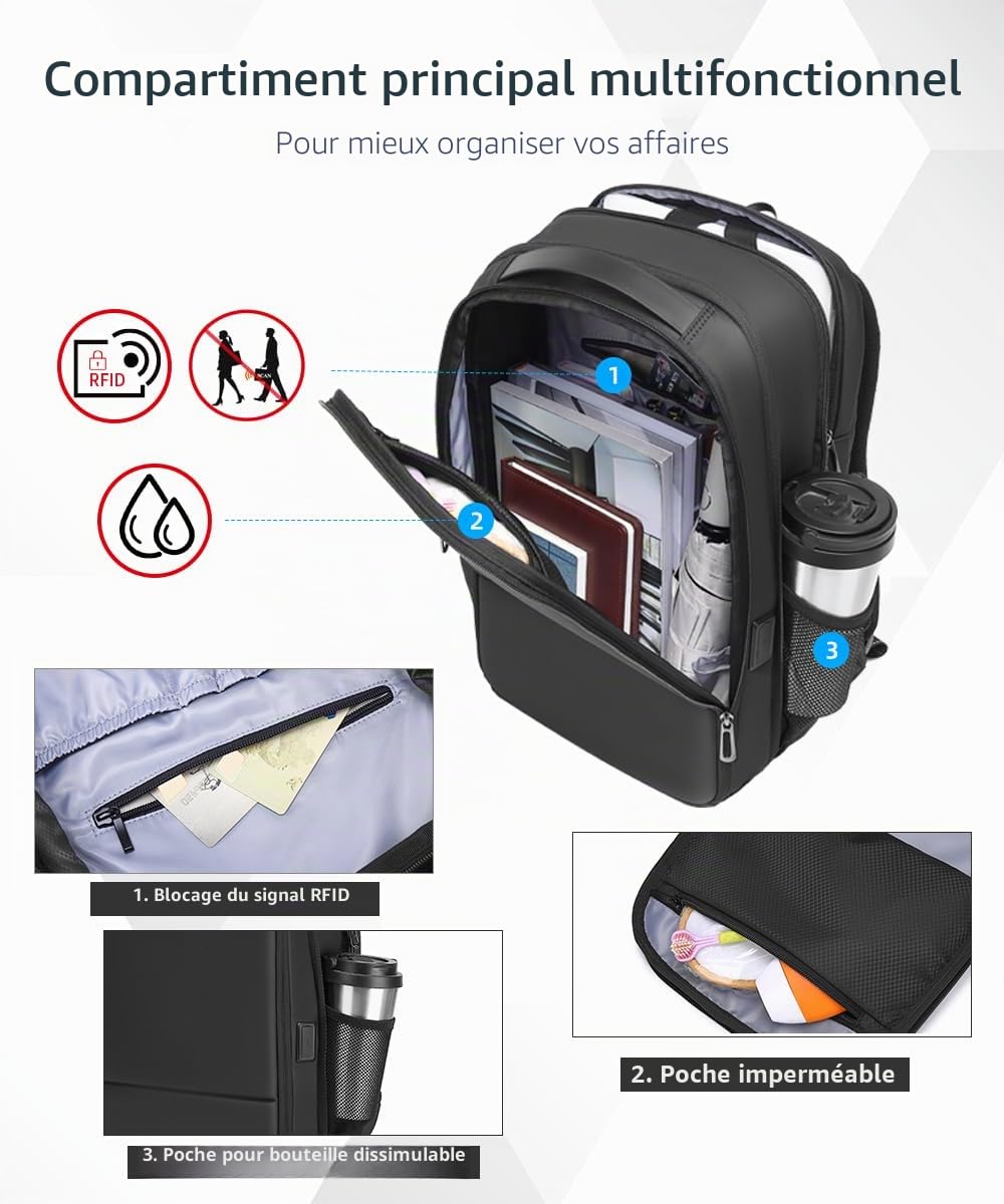 Sac à dos d'affaires pour homme 15,6" extensible et fin avec port de charge USB