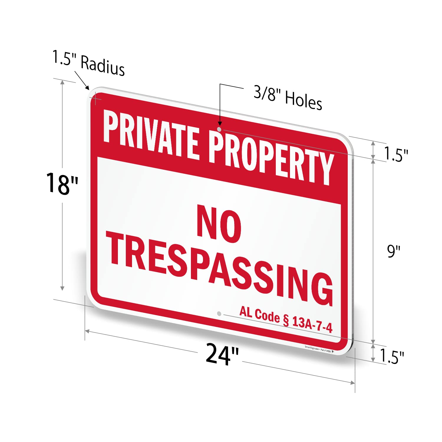 SmartSign Panneau officiel Alabama « Private Property - No Trespassing » | 45,7 x 61 cm en aluminium