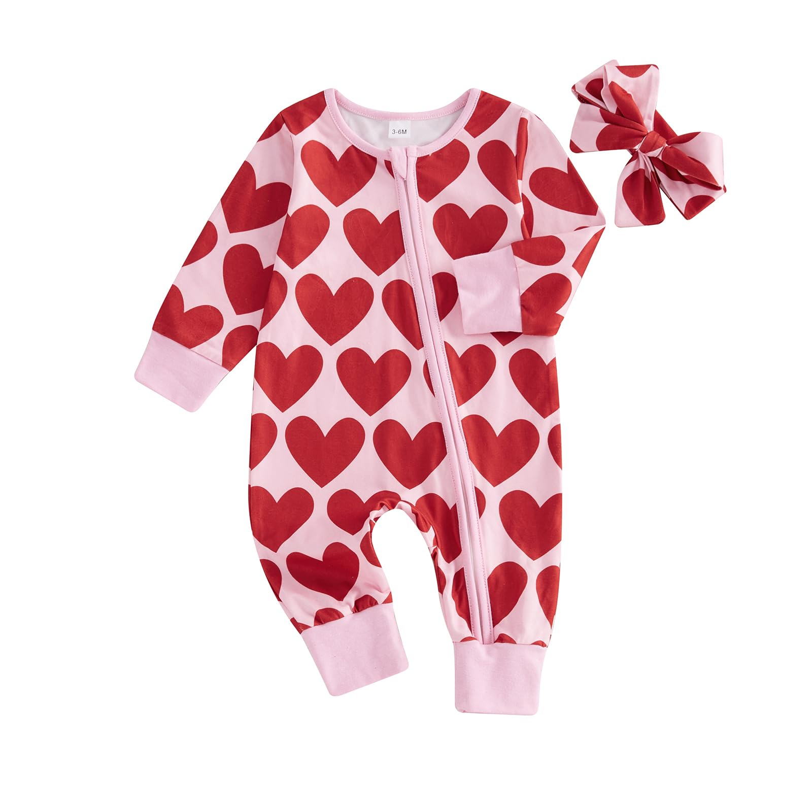 Suolongsama My First Valentines Day Baby Girl Outfit Newborn Long Sleeve Zipper Jumpsuit Heart Romper with Headband (Pink, 6-12 Months)