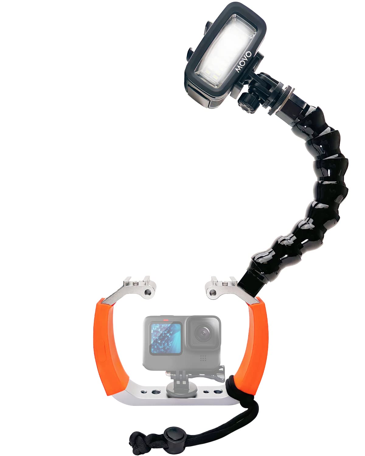 Movo DiveRig8 Underwater Video/Photo Diving Rig for Scuba and Snorkeling - Compact Action Camera Cage Dive Rig, Waterproof Light with Flexible Arm Mount - Compatible with GoPro, DJI Osmo, Insta360
