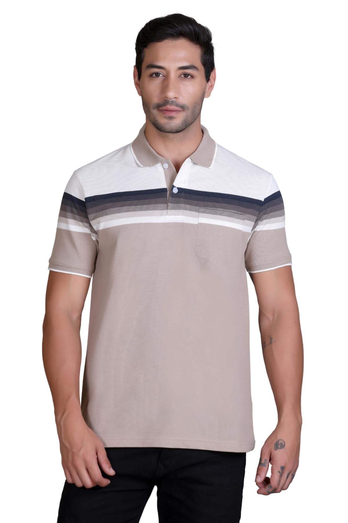 T-Shirt for Men with Pocket || Textured Striped Polo for Men-image-0