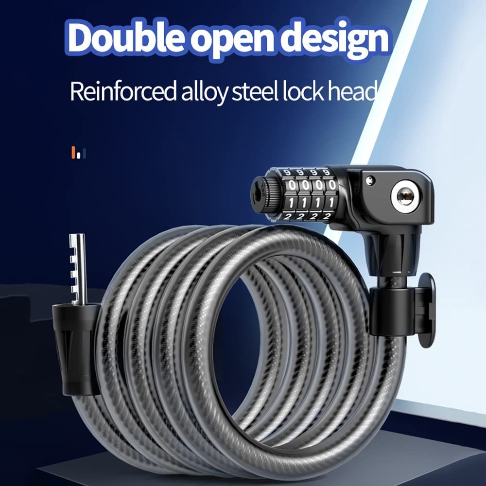 Candado para Bicicleta con lámpara de visión Nocturna, combinación reiniciable de 4 dígitos, con Cable y Soporte de Montaje, antirrobo para Bicicleta de montaña (Negro, 120 cm)