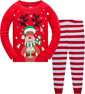Akyzic Kids Christmas Pajamas 100% Cotton Long Sleeve Matching Holiday Pjs Set Toddler Boys Girls Xmas Jammies 3t -10t
