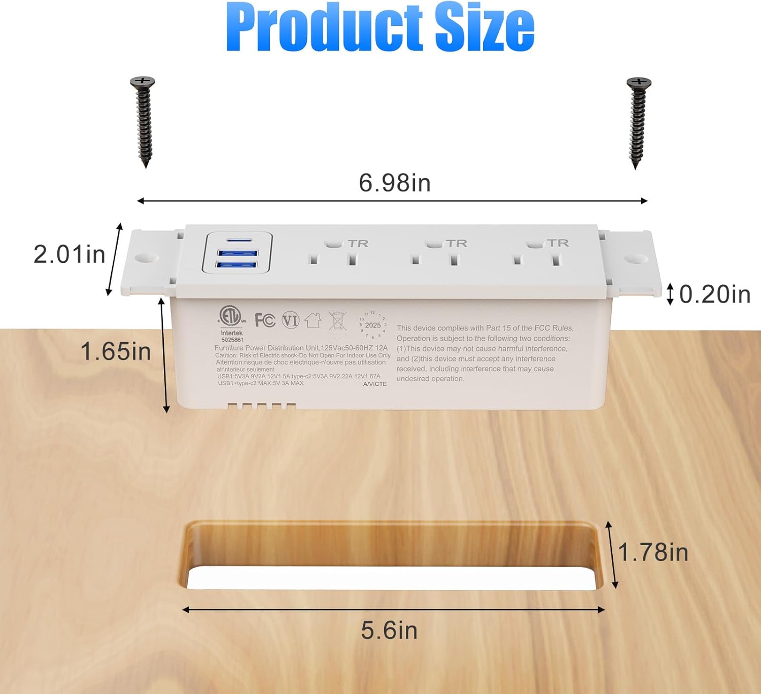 Furniture Drawer Outlet (ETL Listed), Tamper-Resistant Design AC Outlets,Recessed Power Strip with 3 PD 20W USB Ports Fast Charging & 3 AC Outlets, 5 FT Spring Cord (Whate)