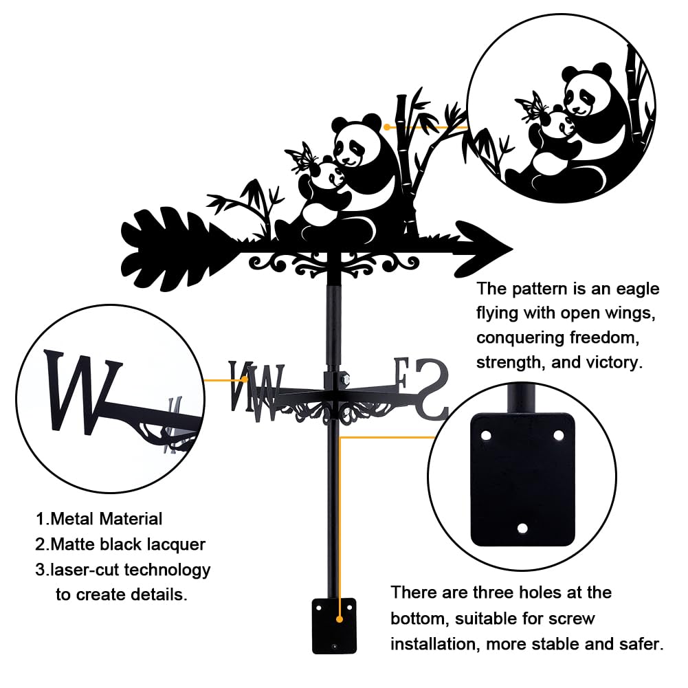 SUPERDANT Girouette de Jardin Exterieur Panda en Métal Girouettes Indicateur de Direction du Vent Instrument de Mesure Installation sur Toit Décoration Artistique Noir Deco Exterieur Cadeau du Père