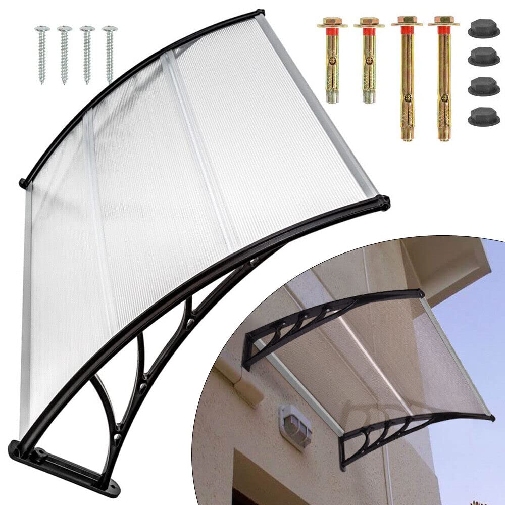Marquesina, puerta de casa, ventana, toldo transparente, balcones de entrada, soporte de pared de plástico, negro (150 cm)