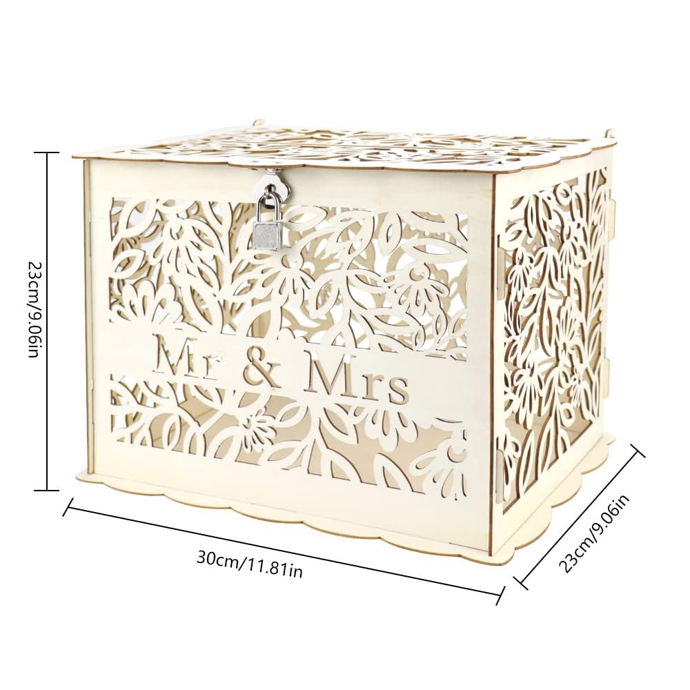 Scatola di Carte di Nozze in Legno Grande 30x23x23cm, Contenitore per Biglietti, Porta Buste per Ricevimento Matrimonio Anniversario, con Serratura - Mr & Mrs