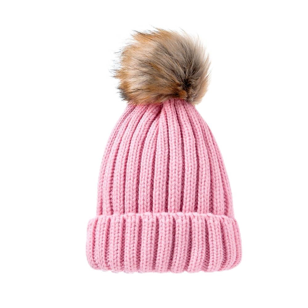 Van Der Linn Adult Kids Knitted Winter Warm Beanie Fur Bobble Woolly Pom Pom Hat (Kids, Pink)